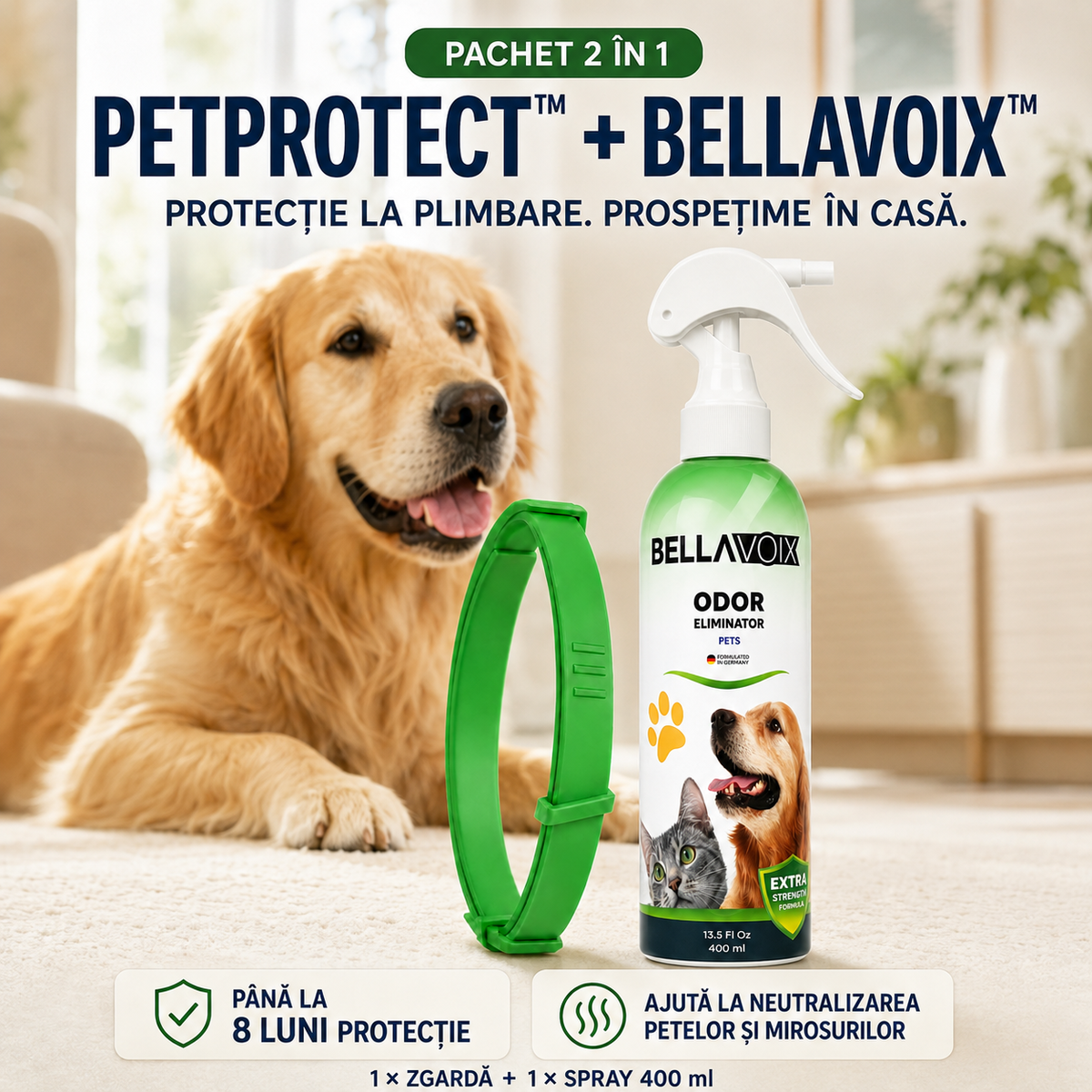 Zgardă Anti-Purici și Căpușe 8 luni protecție + Spray Anti-Pete și Miros