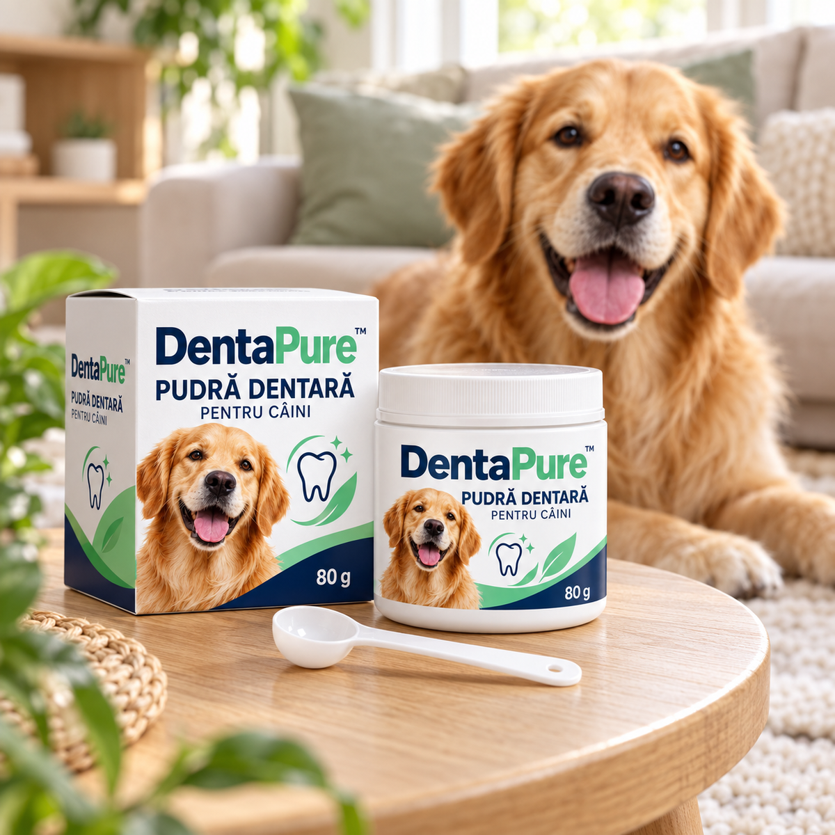 DentaPure 80 g cu linguriță dozatoare, lângă un câine Golden Retriever