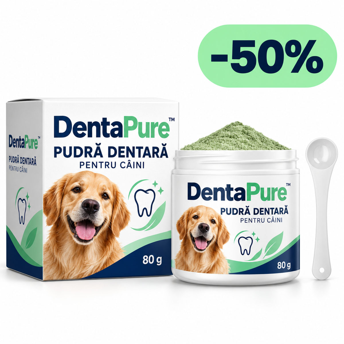 DentaPure pudră dentară pentru câini 80 g, cutie și recipient cu linguriță dozatoare – reducere 50%