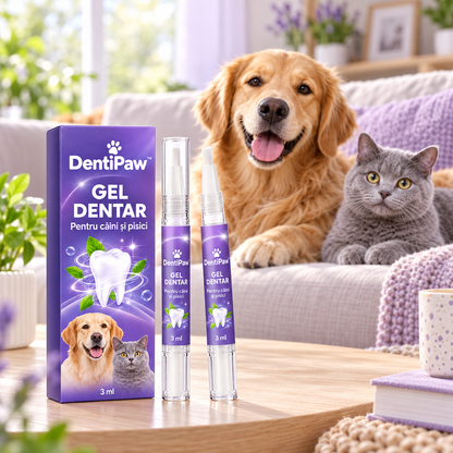 Pachet DentiPaw cu două aplicatoare de gel dentar, lângă un câine și o pisică