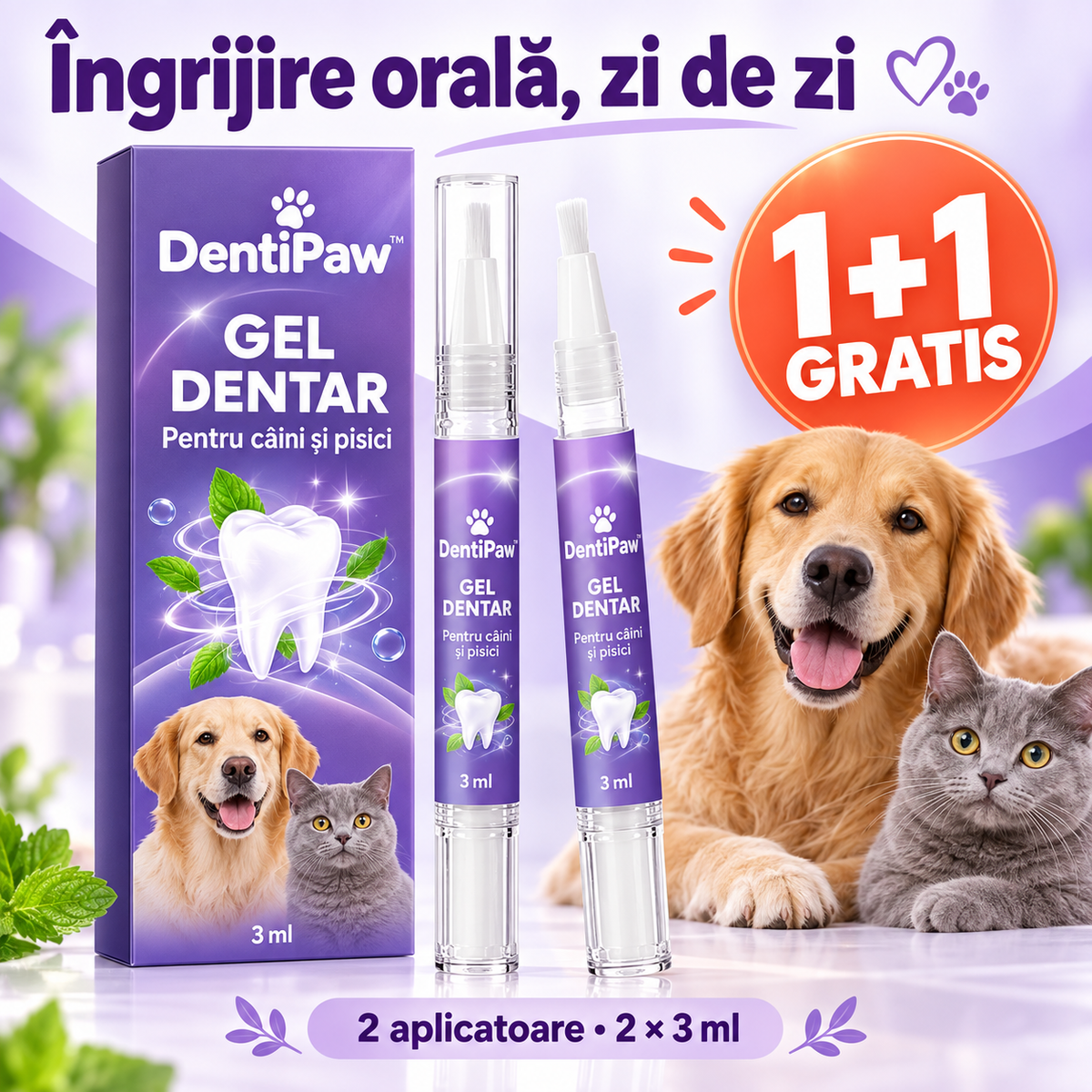 DentiPaw gel dentar pentru câini și pisici – ofertă 1+1 gratis, două aplicatoare de 3 ml